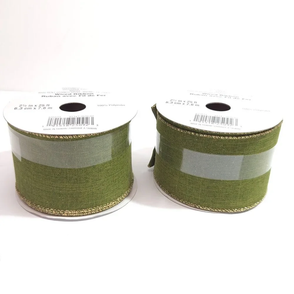 Celebrate It Fall Wired Ribbon Green Gold Edge 2 1/2 in x 25 ft Lot of 2